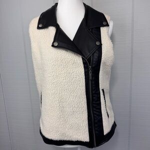 Odyn Black Faux Leather and Ivory Faux Sherpa Asymmetrical Zip Front Moto Vest